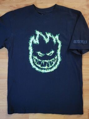 Y2K Spitfire Black Skate T-Shirt with Neon Green Flame Big Head Graphic, Medium
